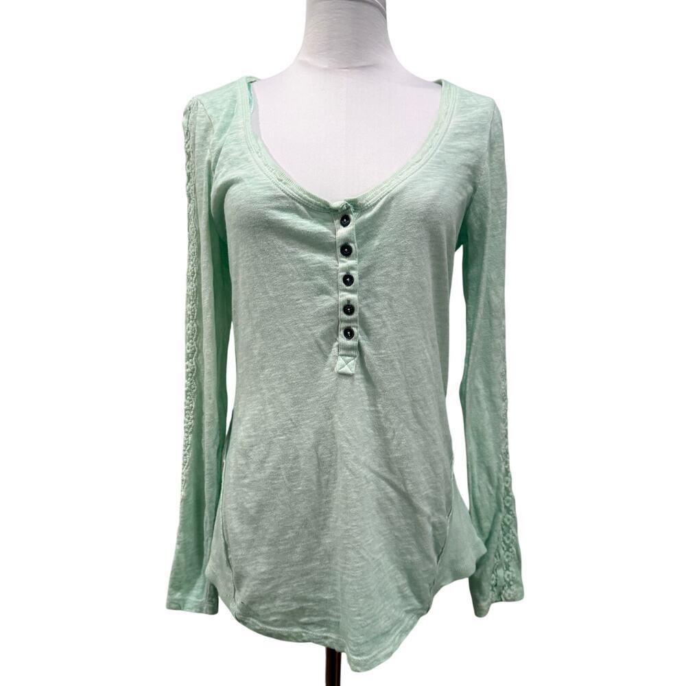 Free People Mint Green Long Sleeve Henley Thermal Top Large Cotton Hippie Fairy